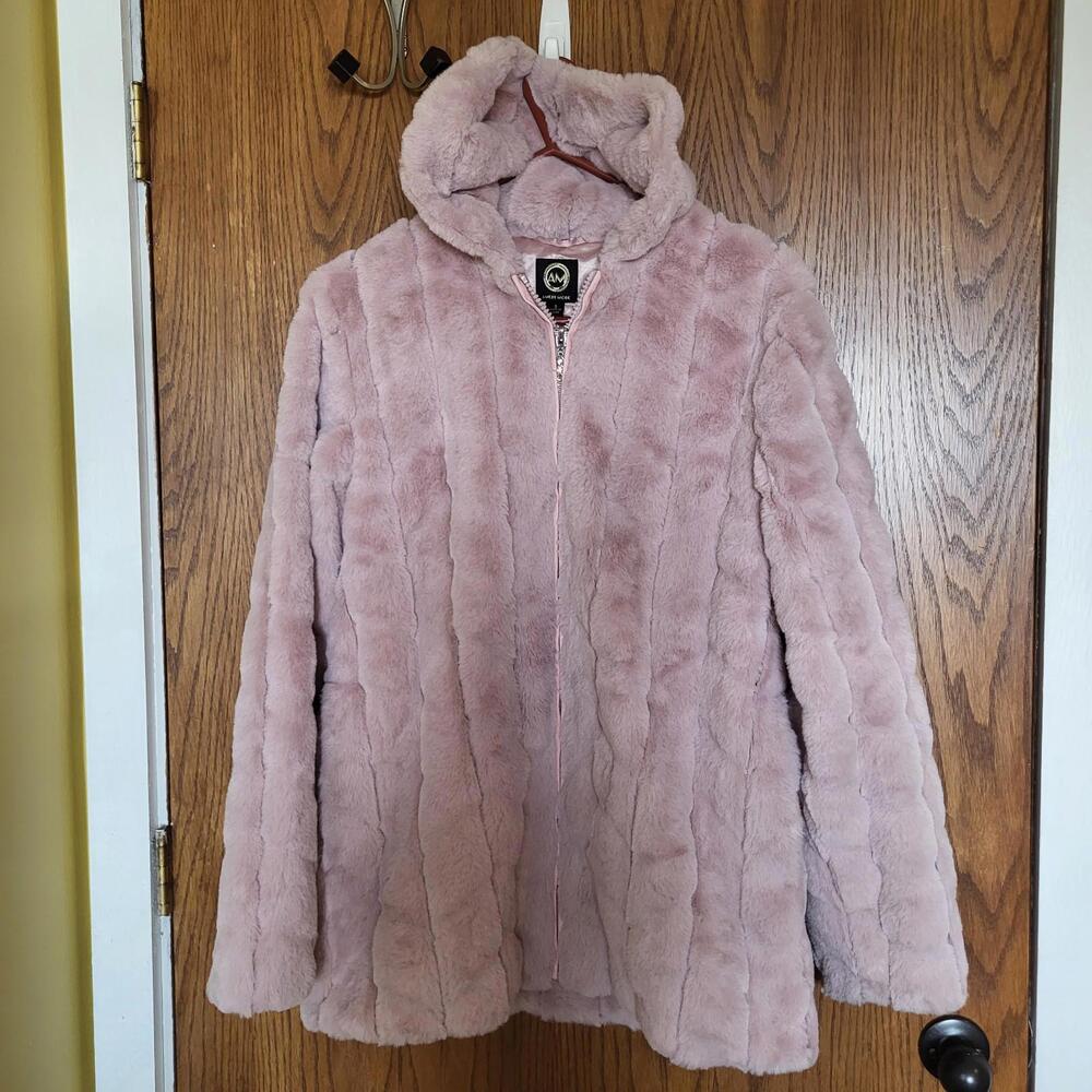 AM Amerl Mode women's soft pink plush flax fur hooded jacket  lined S fullzipper